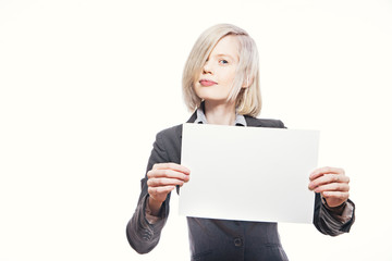 Naklejka premium young pretty buisnesswoman hold a white sheet of paper