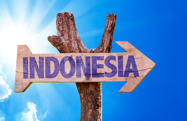 Indonesia wooden sign with sky background