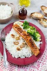 Maple glazed salmon with caramelized onions and rice