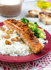 Maple glazed salmon with caramelized onions and rice