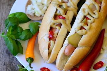 Delicious Chicago style hot dog on wooden background