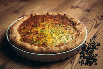 Homestyle pie served in rustic setting