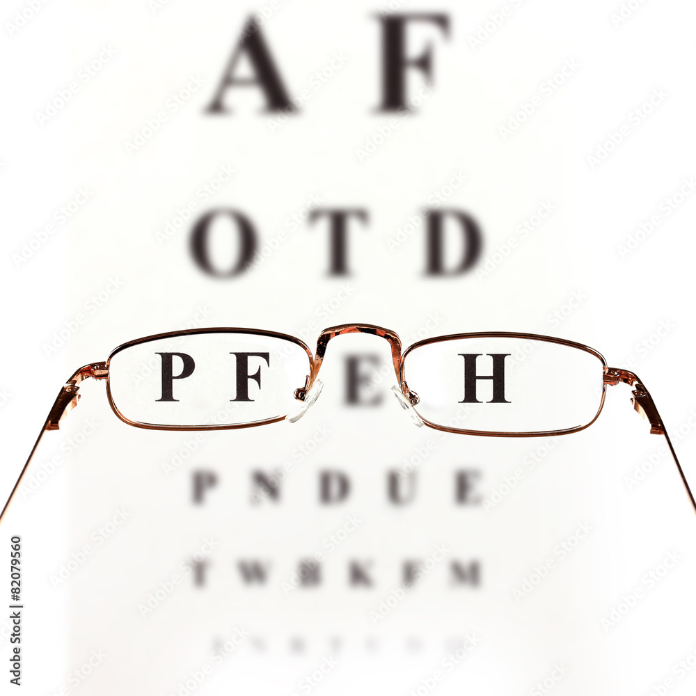 Wall mural Eye glasses on eyesight test chart background