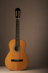 Studio detail photograph of an acoustic spanish classical guitar