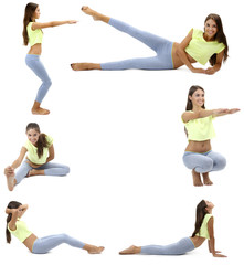 Beautiful young woman doing exercises in collage with space for text