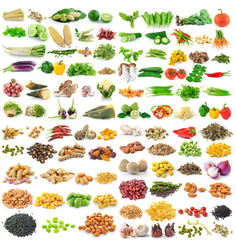 set of grains and vegetable on white background