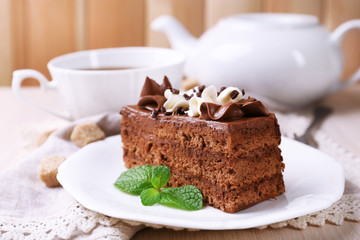 Fototapeta na wymiar Tasty piece of chocolate cake with mint and cinnamon