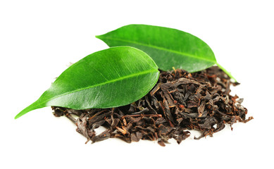 Black tea with leaf isolated on white