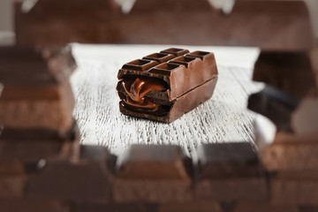 Stuffed chocolate trough frame of chocolate, closeup