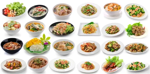 Crédence de cuisine en verre imprimé Plats de repas ensemble de nourriture thaïlandaise sur fond blanc