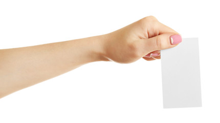 Fototapeta premium Female hand holding card isolated on white