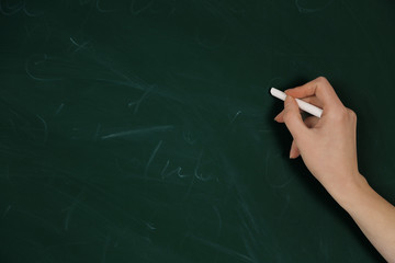 Female hand writing on blackboard with chalk, close up