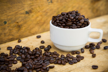 Coffee beans background on wooden, Fresh coffee beans
