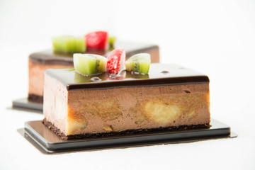 banana chocolate cake on a white
