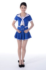 Active girl wear professional attire in front of a white backgro