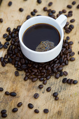 Coffee beans background on wooden, Fresh coffee beans