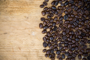 Coffee beans background on wooden, Fresh coffee beans