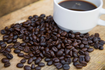 Coffee beans background on wooden, Fresh coffee beans