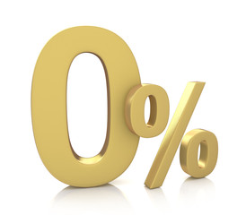 3D rendering of a 0 percent in gold letters on a white
