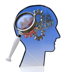 Head with gears inside as a symbol work of brain and magnifying
