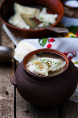 vareniki in a ceramic bowl.