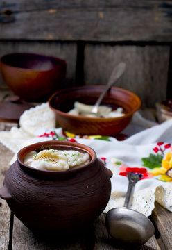 vareniki in a ceramic bowl.