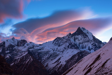 Naklejka na ściany i meble View of Machhapuchchhre mountain at sunset - Fish Tail in Englis