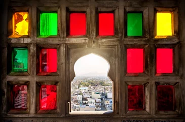 Store enrouleur tamisant sans perçage Inde Colorful mosaic window in Rajasthan