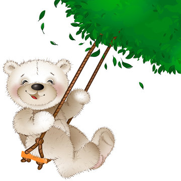 Happy Teddy bear riding on a swing