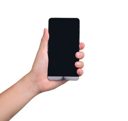 Hand holding smart phone isolated on white background