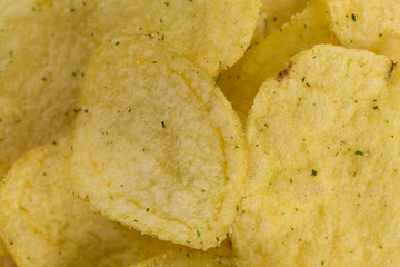 Prepared potato chips snack closeup view