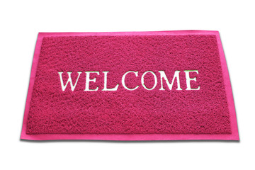 The doormat of welcome text on white background