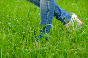 Fototapeta na wymiar Female feet in shoes with wedge heels on green grass
