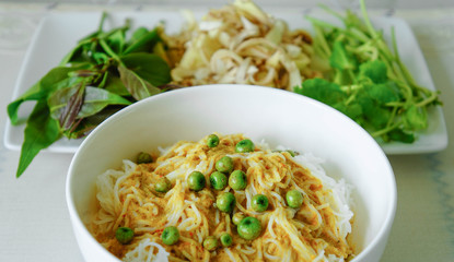 Traditional Thai cuisine, rice vermicelli eaten with curry