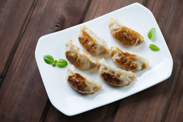 Pan fried gyoza dumplings on a glass plate, above view