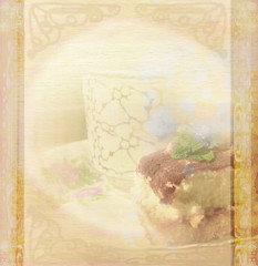 Cup of coffee and piece of cake tiramisu, vintage card
