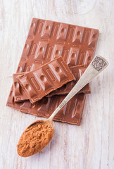 chocolate pieces on white wooden table