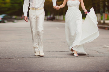 Obraz premium Bride and groom are holding hands and, lifestyle-concept