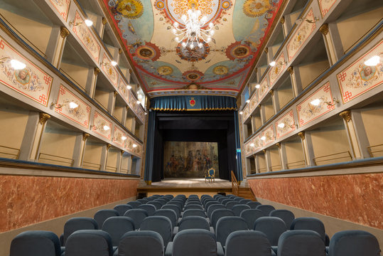 Old Theater inside view. Ripatransone, Marche region, Italy.