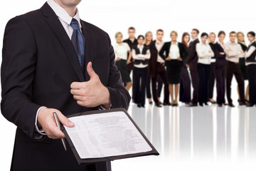 Businessman giving a contract to you