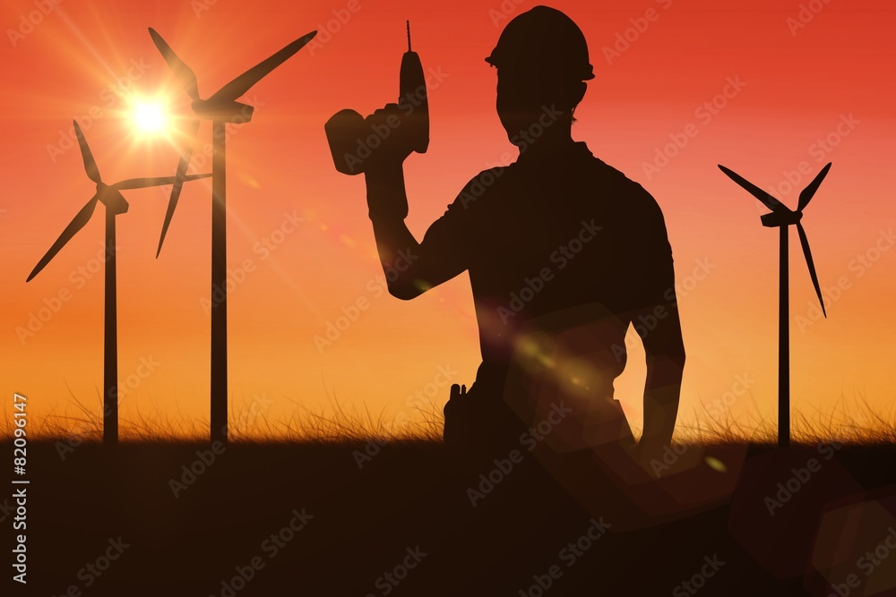 Poster composite image of carpenter holding cordless drill