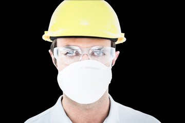 Composite image of worker wearing protective mask and glasses