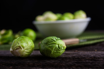 Brussels sprouts on wood table