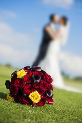 Wedding couple and wedding bouquet