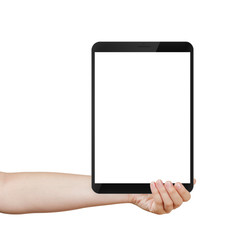 female teen hand holding generic tablet pc with white screen