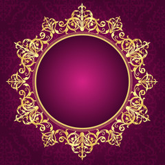 Gold ornamental frame on pinkdamask pattern invitation backgroun