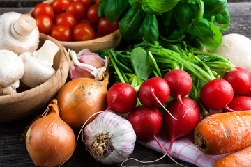 Fresh vegetables on wooden table