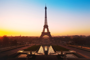 beautiful sunrise over Eiffel tower, panoramic view of Paris, France