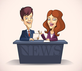 Leading man and woman in the studio of tv news