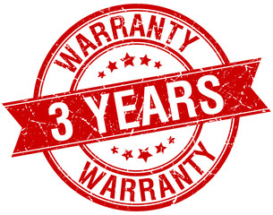 3 years warranty grunge retro red isolated ribbon stamp